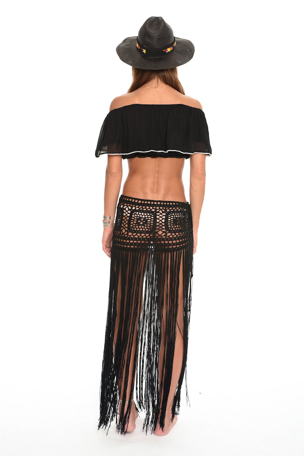 Javiera Hand Crochet Mini Skirt with Long Fringe in Black