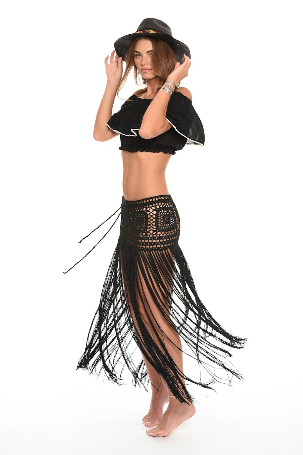 Javiera Hand Crochet Mini Skirt with Long Fringe in Black