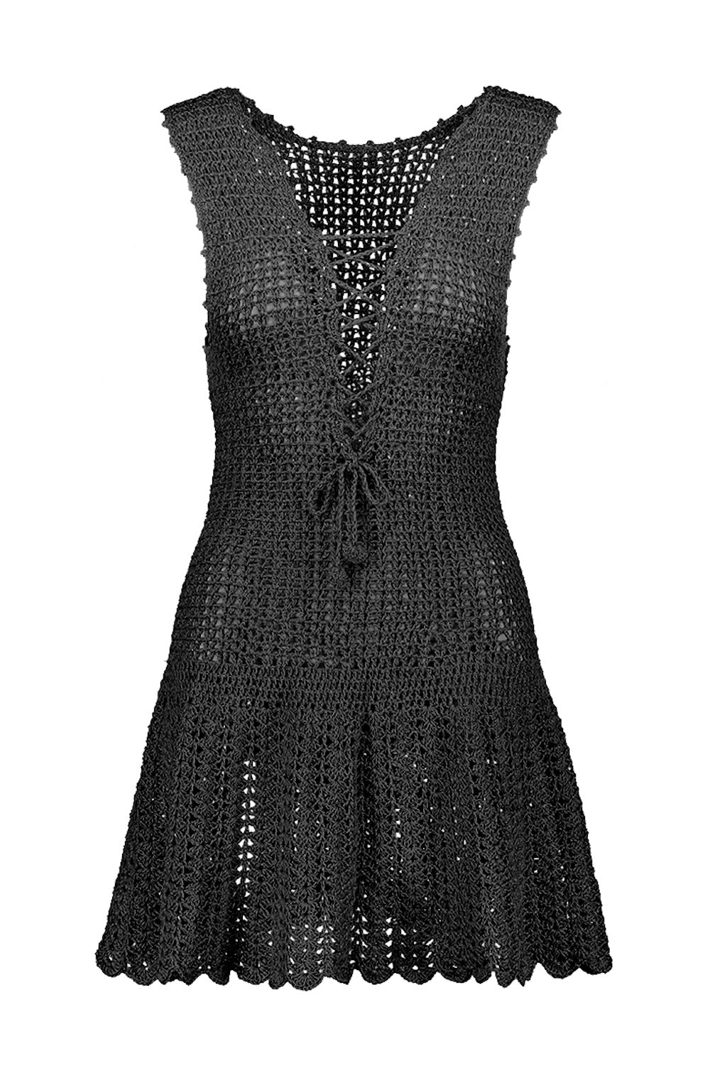 Blanca Lace-Up Decollete Crochet Dress in Black