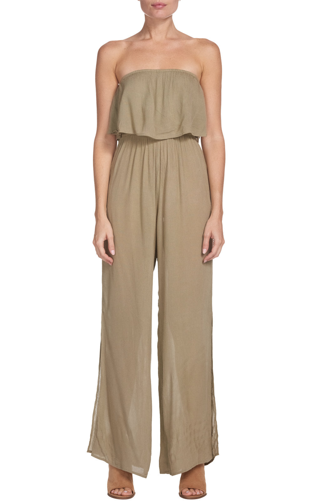 Strapless Jumpsuit with Ruffle in Khaki