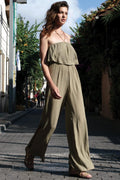Strapless Jumpsuit with Ruffle in Khaki